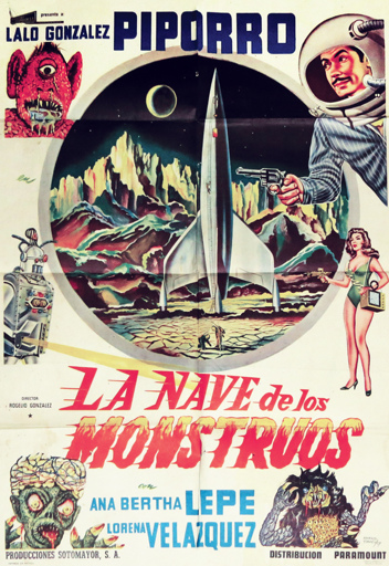 The Poster for Ship of Monsters. It shows a variety of alien monsters, a robot, a woman in a swimsuit holding a laser gun, and a man in a suit/space helmet combo.